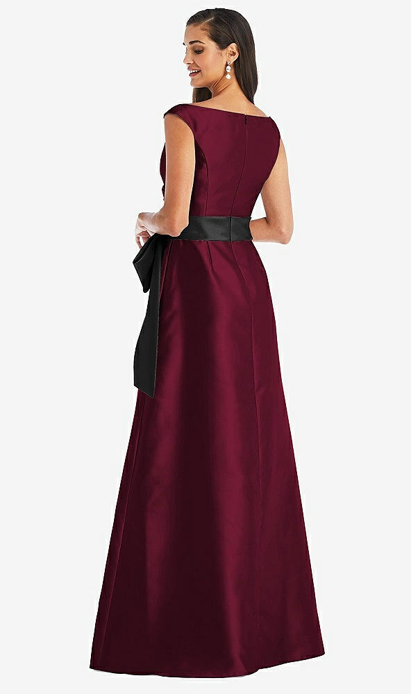 Back View - Cabernet & Black Off-the-Shoulder Bow-Waist Maxi Dress with Pockets