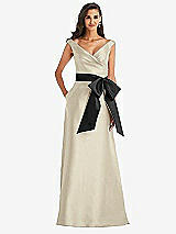 Front View Thumbnail - Champagne & Black Off-the-Shoulder Bow-Waist Maxi Dress with Pockets