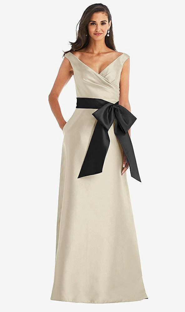 Front View - Champagne & Black Off-the-Shoulder Bow-Waist Maxi Dress with Pockets