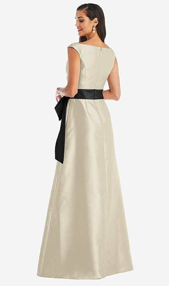 Back View - Champagne & Black Off-the-Shoulder Bow-Waist Maxi Dress with Pockets