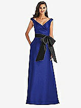 Front View Thumbnail - Cobalt Blue & Black Off-the-Shoulder Bow-Waist Maxi Dress with Pockets