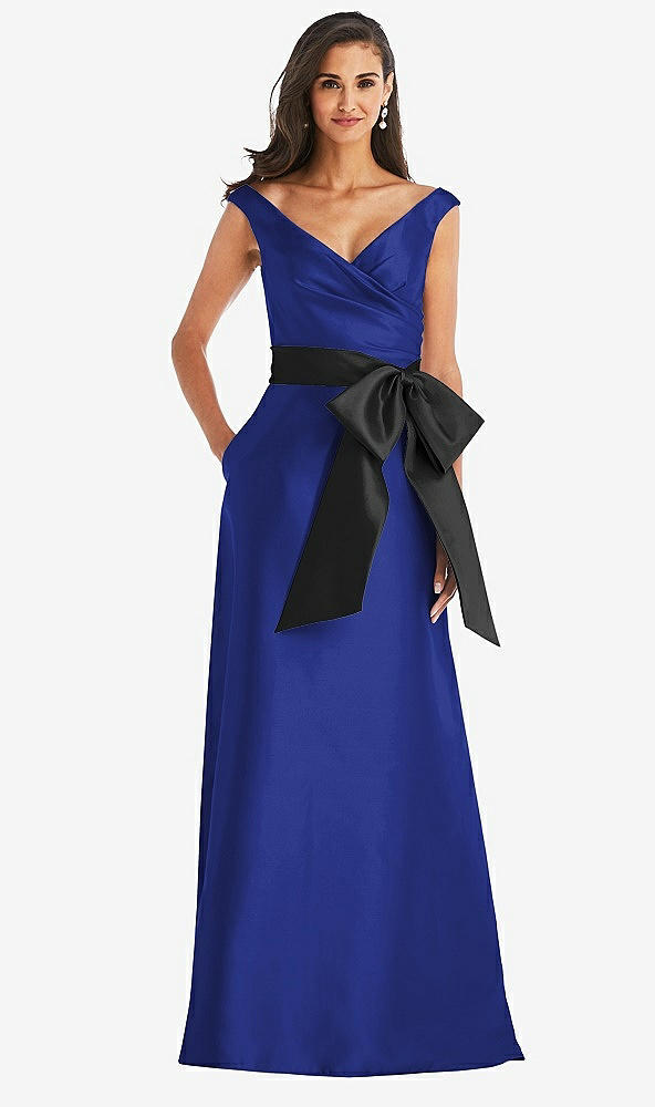 Front View - Cobalt Blue & Black Off-the-Shoulder Bow-Waist Maxi Dress with Pockets