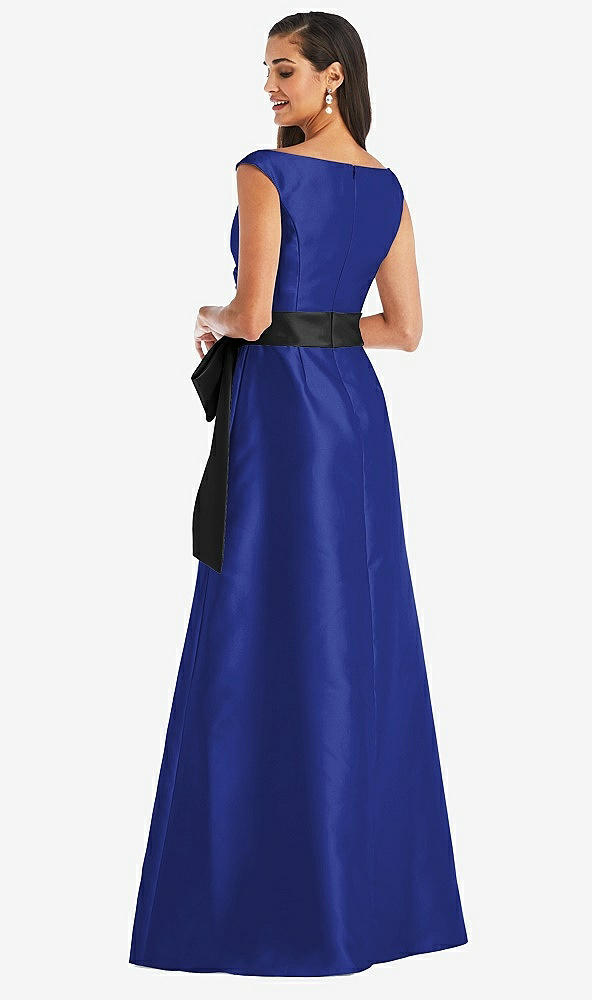 Back View - Cobalt Blue & Black Off-the-Shoulder Bow-Waist Maxi Dress with Pockets