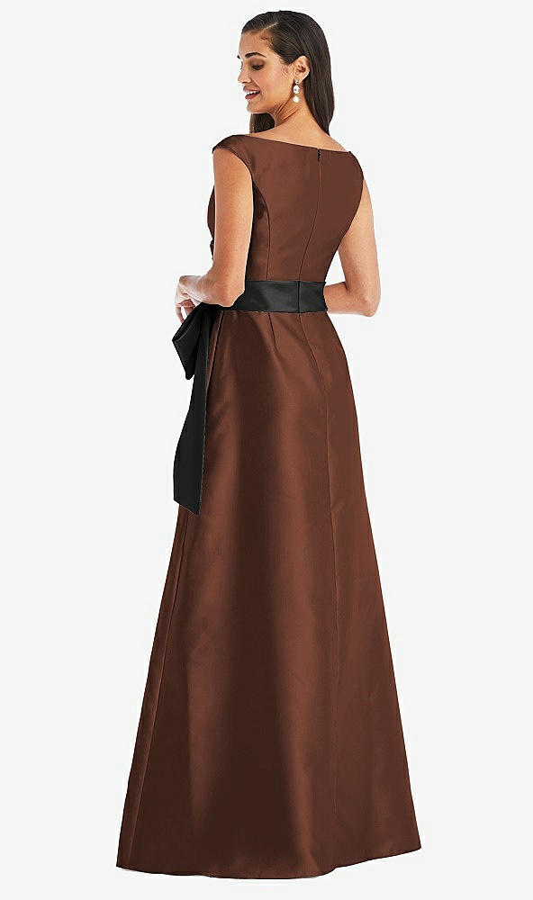 Back View - Cognac & Black Off-the-Shoulder Bow-Waist Maxi Dress with Pockets