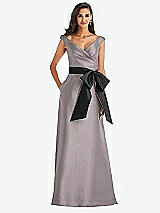 Front View Thumbnail - Cashmere Gray & Black Off-the-Shoulder Bow-Waist Maxi Dress with Pockets