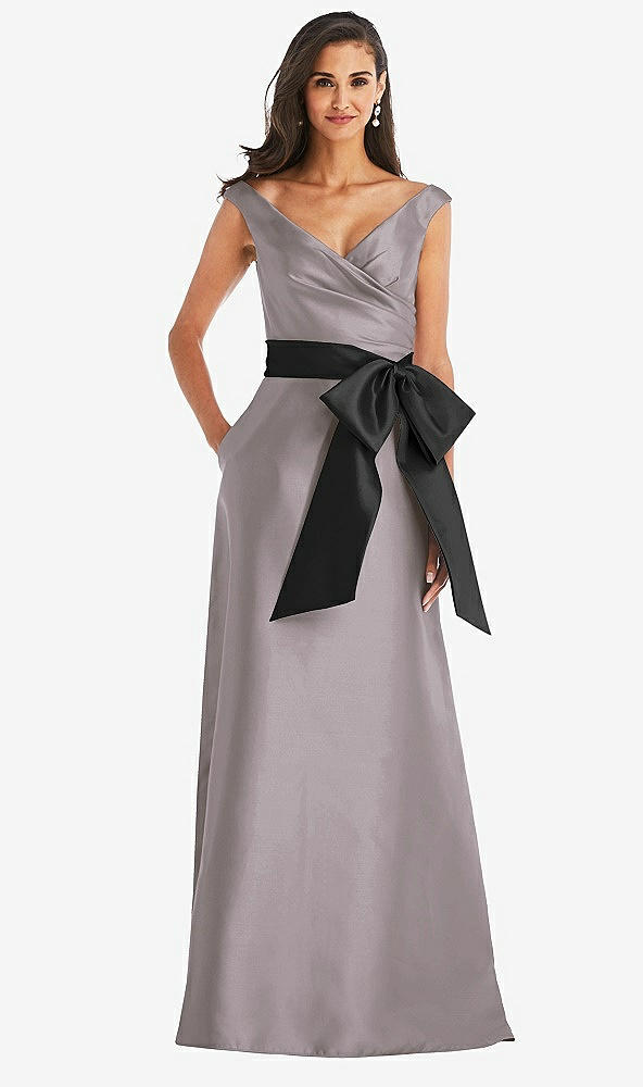 Front View - Cashmere Gray & Black Off-the-Shoulder Bow-Waist Maxi Dress with Pockets