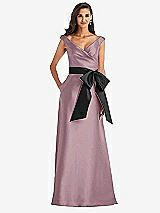 Front View Thumbnail - Dusty Rose & Black Off-the-Shoulder Bow-Waist Maxi Dress with Pockets