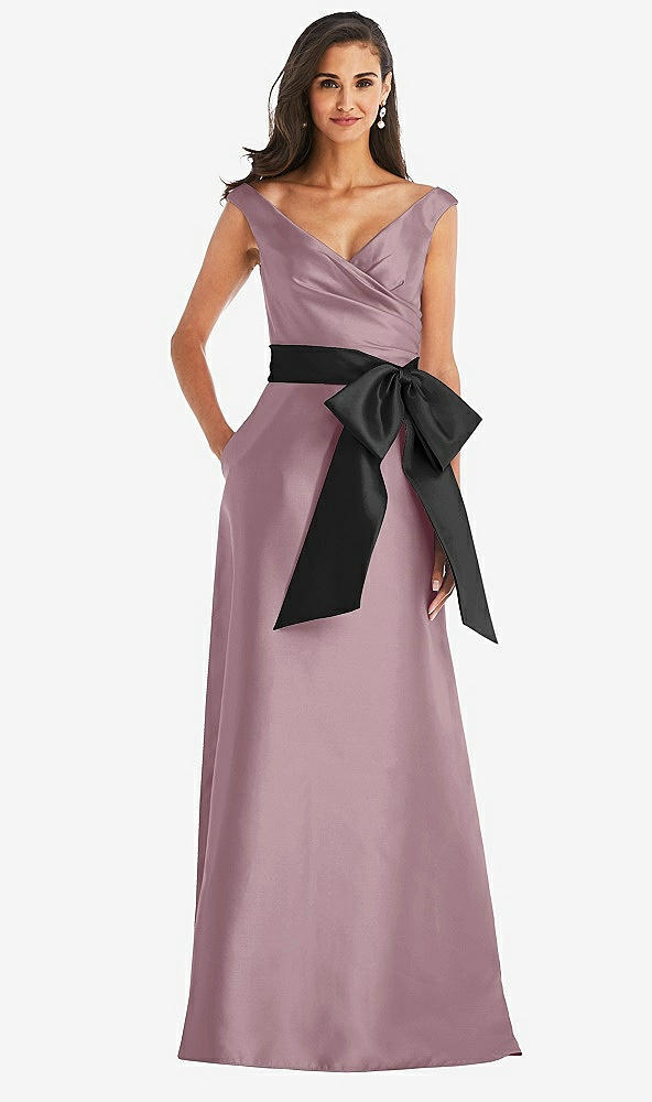 Front View - Dusty Rose & Black Off-the-Shoulder Bow-Waist Maxi Dress with Pockets