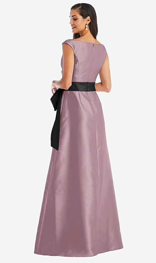 Back View - Dusty Rose & Black Off-the-Shoulder Bow-Waist Maxi Dress with Pockets