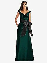 Front View Thumbnail - Evergreen & Black Off-the-Shoulder Bow-Waist Maxi Dress with Pockets