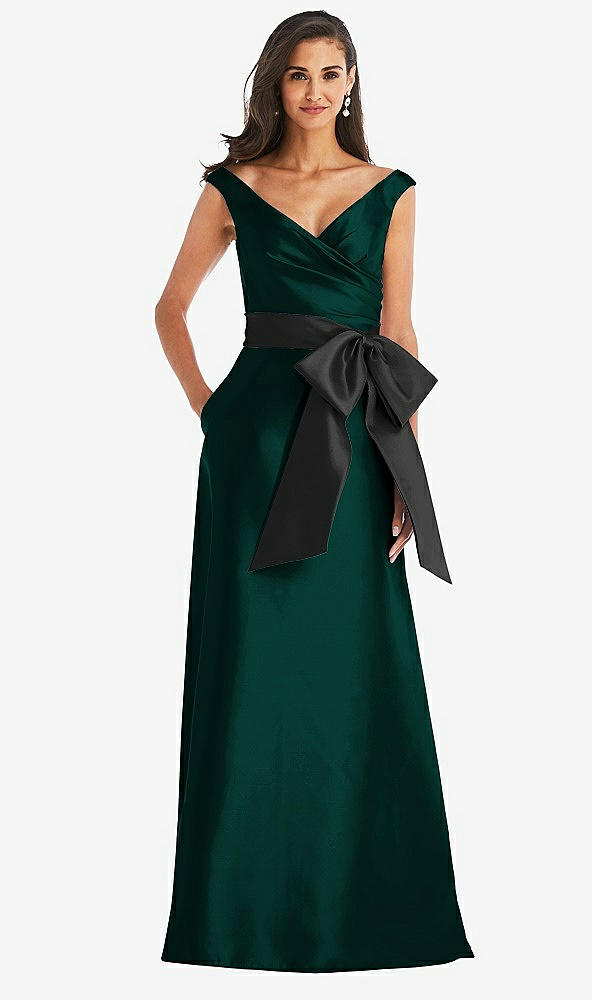 Front View - Evergreen & Black Off-the-Shoulder Bow-Waist Maxi Dress with Pockets