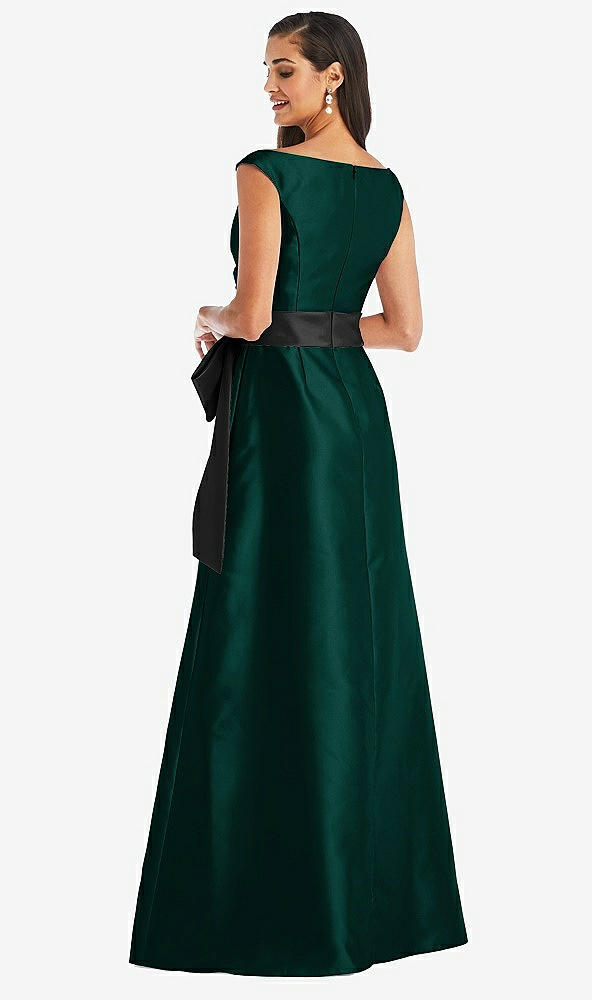 Back View - Evergreen & Black Off-the-Shoulder Bow-Waist Maxi Dress with Pockets