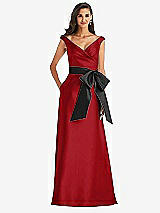 Front View Thumbnail - Garnet & Black Off-the-Shoulder Bow-Waist Maxi Dress with Pockets