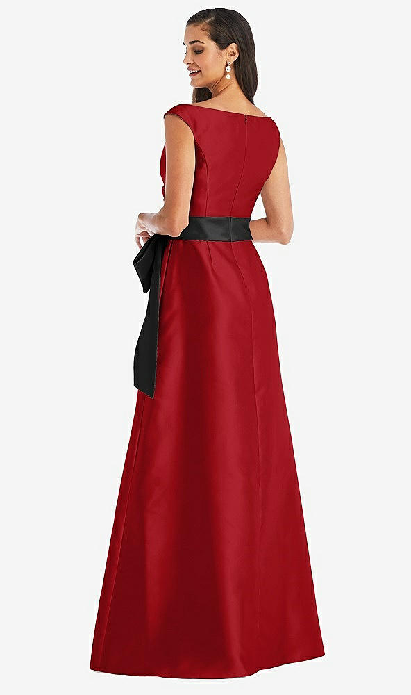 Back View - Garnet & Black Off-the-Shoulder Bow-Waist Maxi Dress with Pockets
