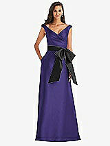Front View Thumbnail - Grape & Black Off-the-Shoulder Bow-Waist Maxi Dress with Pockets