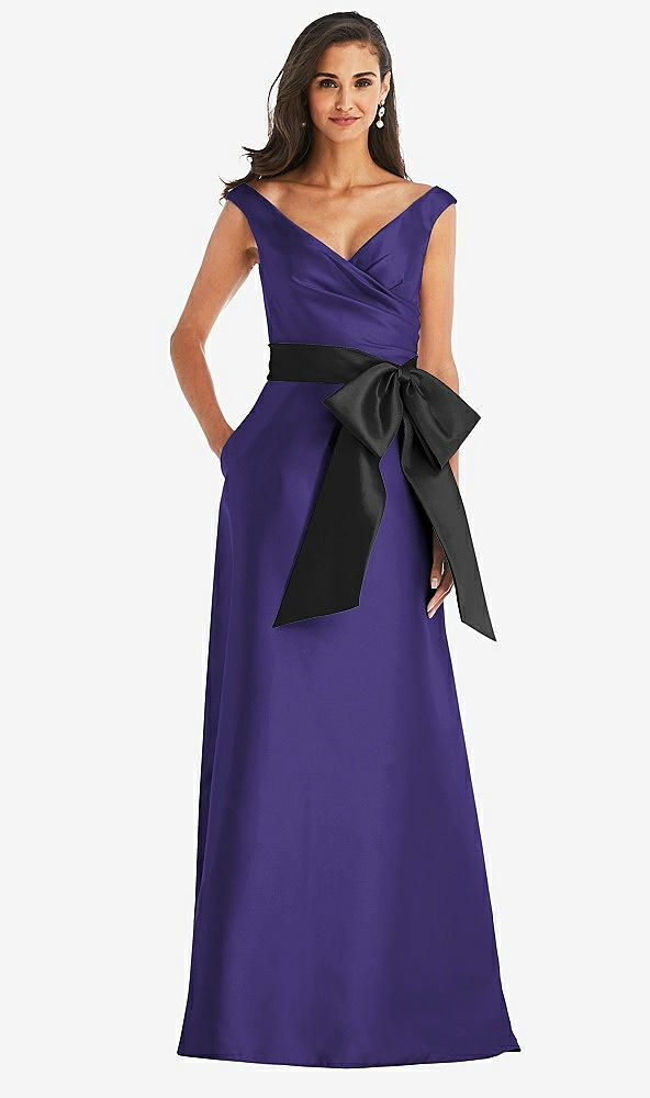 Front View - Grape & Black Off-the-Shoulder Bow-Waist Maxi Dress with Pockets