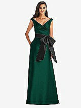 Front View Thumbnail - Hunter Green & Black Off-the-Shoulder Bow-Waist Maxi Dress with Pockets