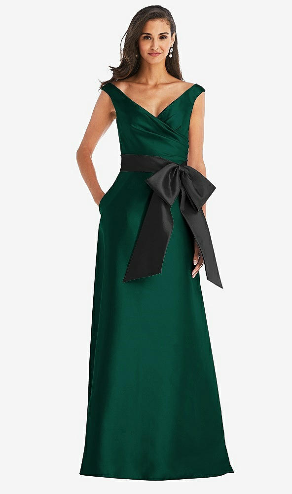 Front View - Hunter Green & Black Off-the-Shoulder Bow-Waist Maxi Dress with Pockets
