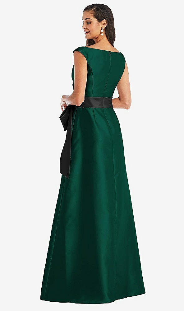 Back View - Hunter Green & Black Off-the-Shoulder Bow-Waist Maxi Dress with Pockets