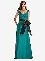 Front View Thumbnail - Jade & Black Off-the-Shoulder Bow-Waist Maxi Dress with Pockets