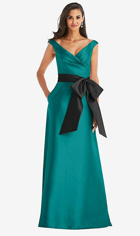 Front View - Jade & Black Off-the-Shoulder Bow-Waist Maxi Dress with Pockets