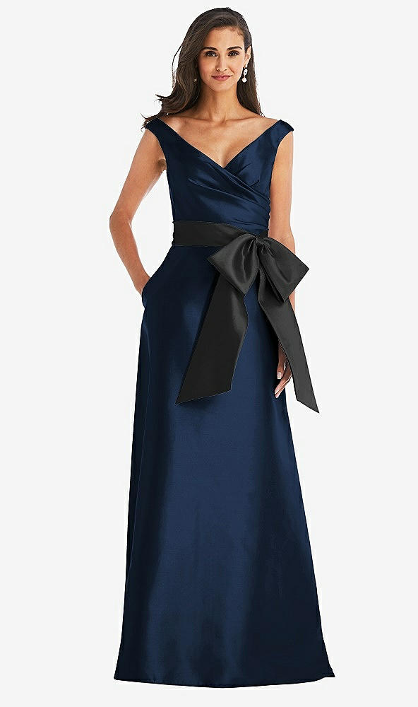 Front View - Midnight Navy & Black Off-the-Shoulder Bow-Waist Maxi Dress with Pockets