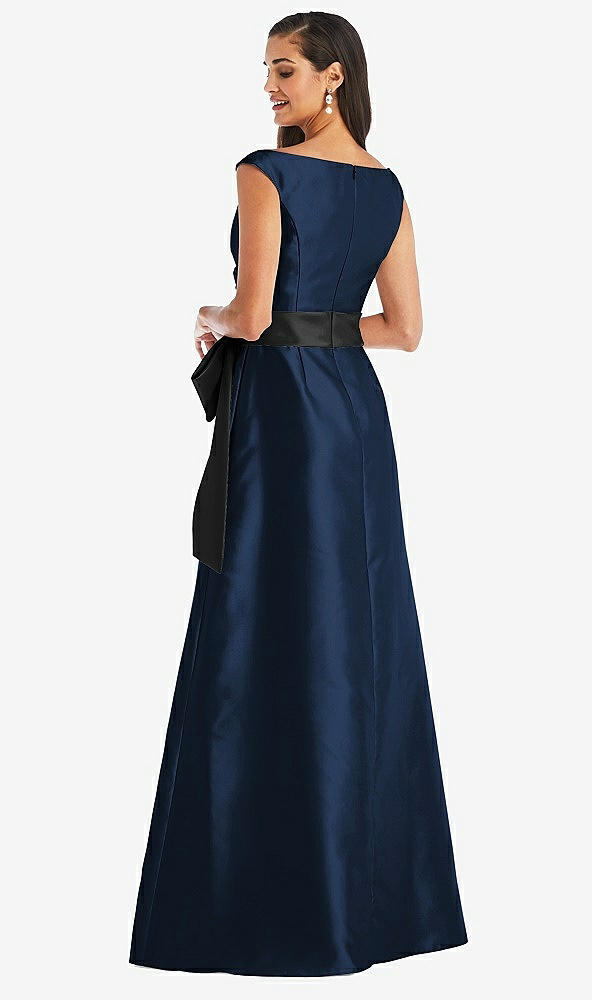 Back View - Midnight Navy & Black Off-the-Shoulder Bow-Waist Maxi Dress with Pockets