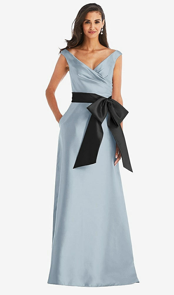 Front View - Mist & Black Off-the-Shoulder Bow-Waist Maxi Dress with Pockets