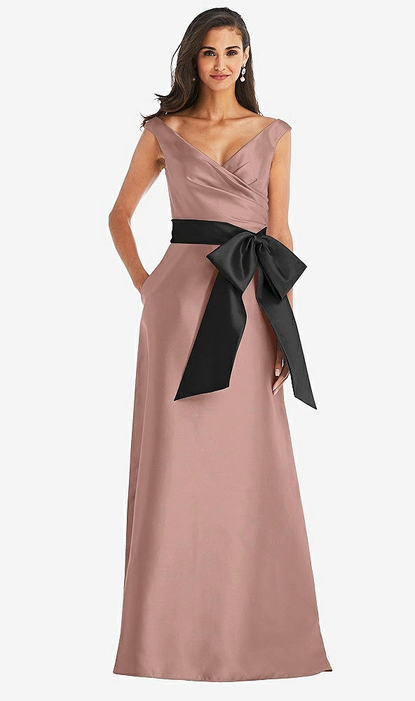 Front View - Neu Nude & Black Off-the-Shoulder Bow-Waist Maxi Dress with Pockets