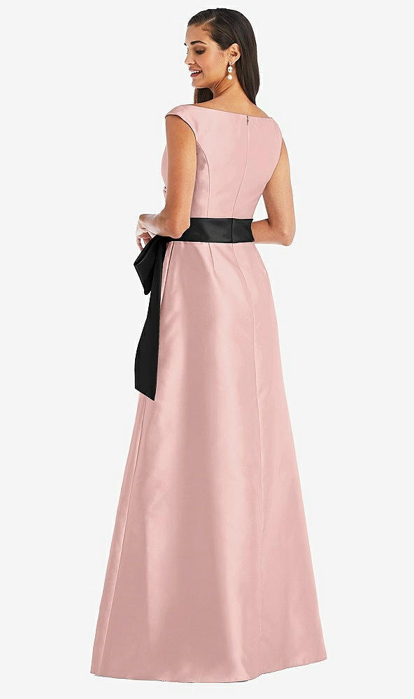 Back View - Rose - PANTONE Rose Quartz & Black Off-the-Shoulder Bow-Waist Maxi Dress with Pockets
