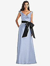 Front View Thumbnail - Sky Blue & Black Off-the-Shoulder Bow-Waist Maxi Dress with Pockets