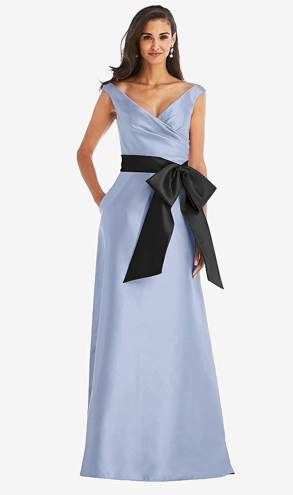 Front View - Sky Blue & Black Off-the-Shoulder Bow-Waist Maxi Dress with Pockets