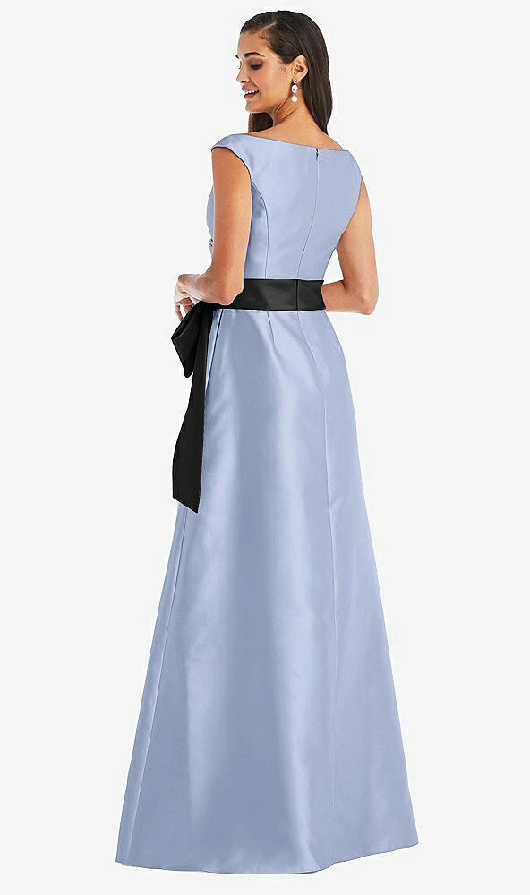 Back View - Sky Blue & Black Off-the-Shoulder Bow-Waist Maxi Dress with Pockets