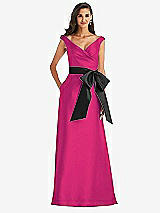 Front View Thumbnail - Think Pink & Black Off-the-Shoulder Bow-Waist Maxi Dress with Pockets