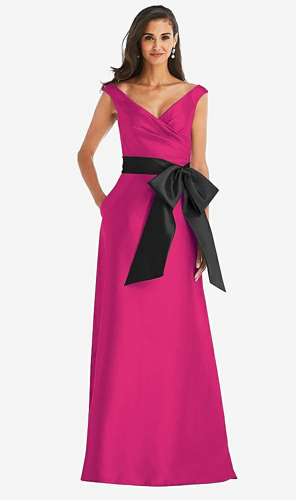 Front View - Think Pink & Black Off-the-Shoulder Bow-Waist Maxi Dress with Pockets