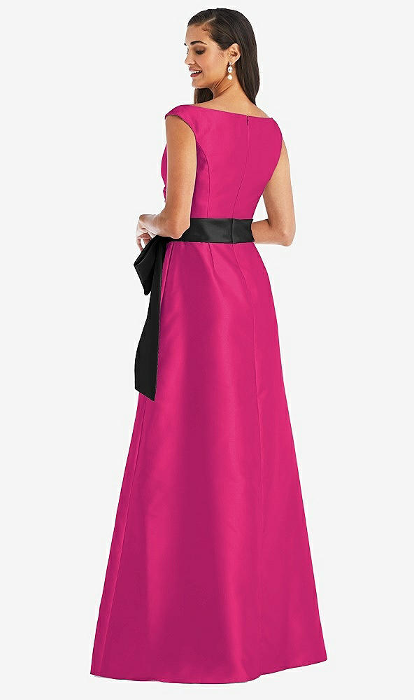 Back View - Think Pink & Black Off-the-Shoulder Bow-Waist Maxi Dress with Pockets