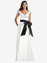 Front View Thumbnail - White & Black Off-the-Shoulder Bow-Waist Maxi Dress with Pockets