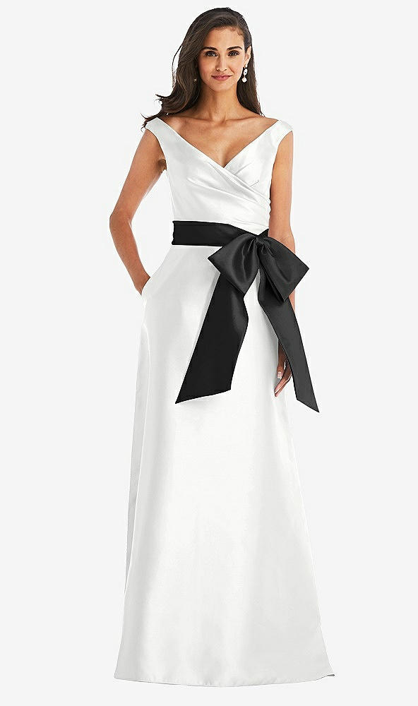 Front View - White & Black Off-the-Shoulder Bow-Waist Maxi Dress with Pockets