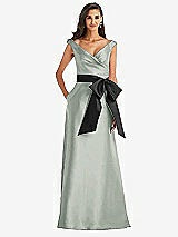 Front View Thumbnail - Willow Green & Black Off-the-Shoulder Bow-Waist Maxi Dress with Pockets