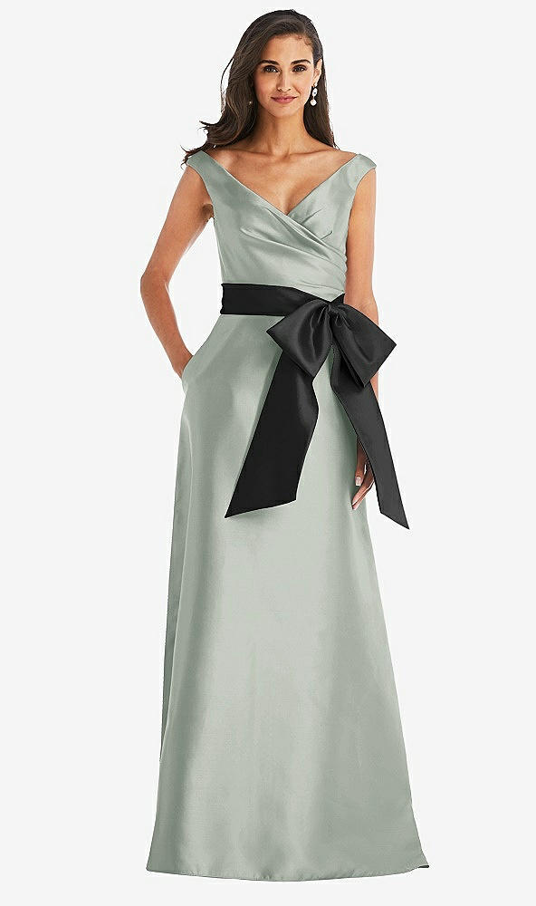 Front View - Willow Green & Black Off-the-Shoulder Bow-Waist Maxi Dress with Pockets