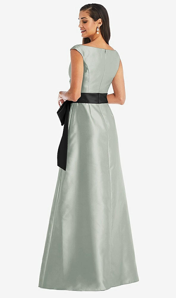 Back View - Willow Green & Black Off-the-Shoulder Bow-Waist Maxi Dress with Pockets