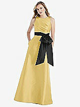 Front View Thumbnail - Maize & Black High-Neck Bow-Waist Maxi Dress with Pockets