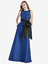 Front View Thumbnail - Classic Blue & Black High-Neck Bow-Waist Maxi Dress with Pockets