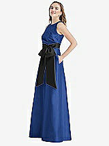 Side View Thumbnail - Classic Blue & Black High-Neck Bow-Waist Maxi Dress with Pockets