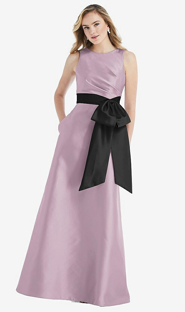 Front View - Suede Rose & Black High-Neck Bow-Waist Maxi Dress with Pockets