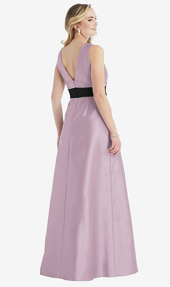 Back View - Suede Rose & Black High-Neck Bow-Waist Maxi Dress with Pockets