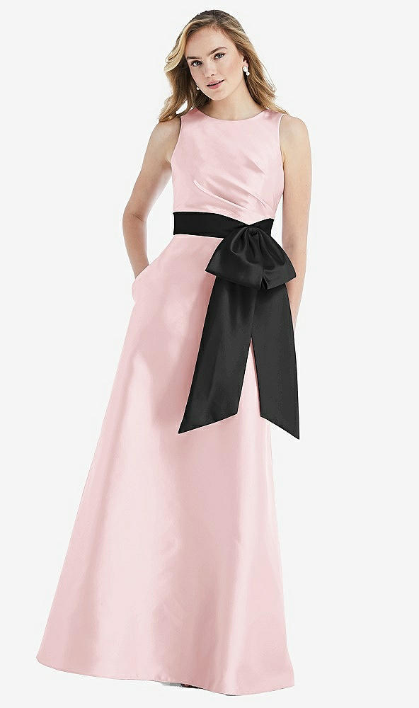 Front View - Ballet Pink & Black High-Neck Bow-Waist Maxi Dress with Pockets