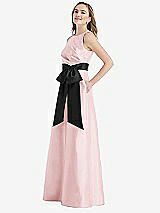 Side View Thumbnail - Ballet Pink & Black High-Neck Bow-Waist Maxi Dress with Pockets