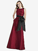 Front View Thumbnail - Burgundy & Black High-Neck Bow-Waist Maxi Dress with Pockets
