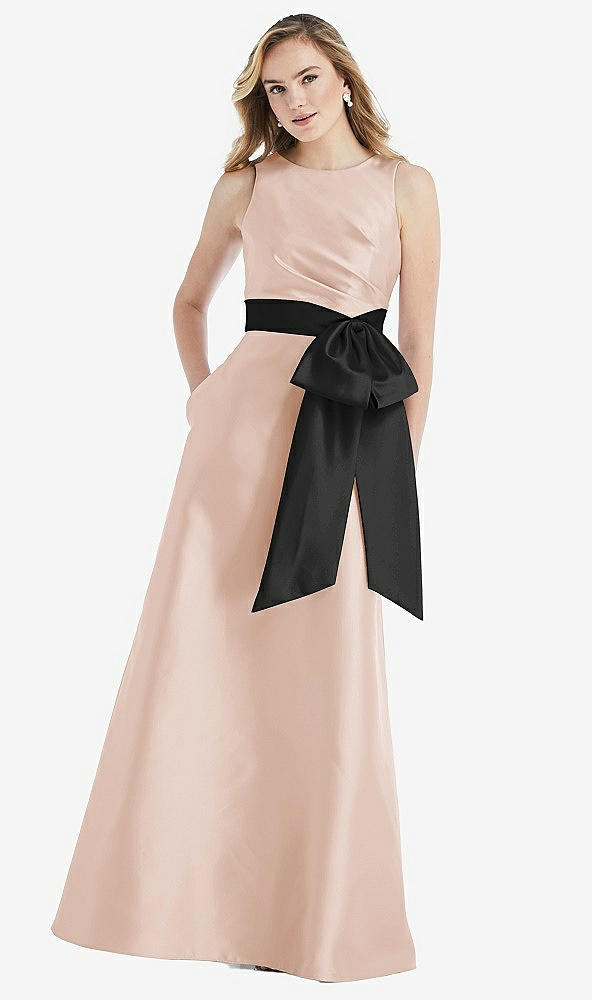 Front View - Cameo & Black High-Neck Bow-Waist Maxi Dress with Pockets